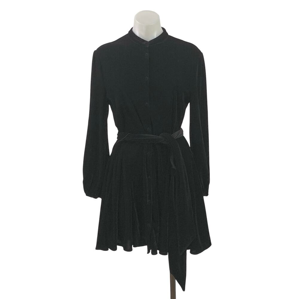 Zara Black Long Sleeve Velvet Velour Button Up Tie Waist Fit & Flare Dress S